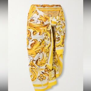 Dolce & Gabbana Yellow and White Majolica Silk Women's Swim Sarong